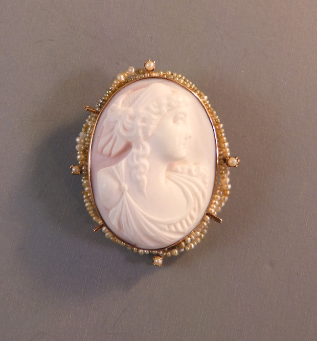 EDWARDIAN 10k cameo brooch pearl surround, pendant loop, 1910 - Morning ...