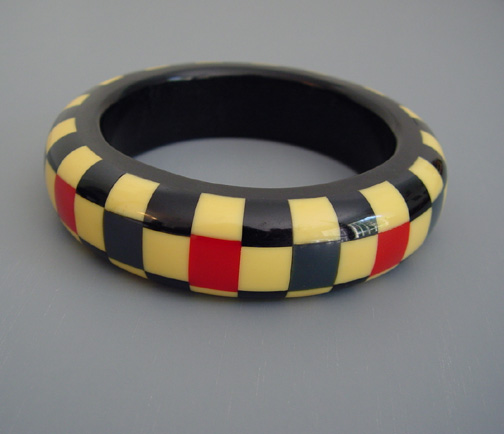 KRONIMUS bakelite three row navy, cream black, red check bangle