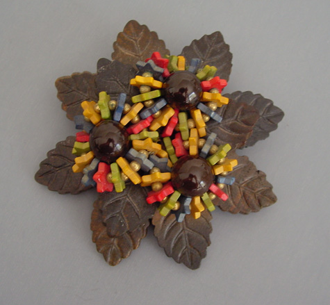 MIRIAM HASKELL wooden brooch brown red yellow, green