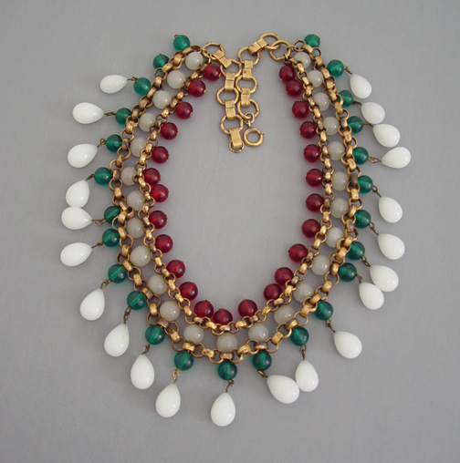 GLASS bead necklace white red green beads