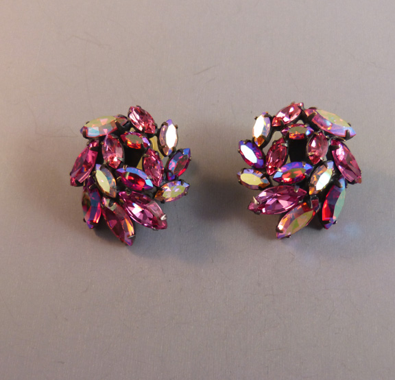 REGENCY rose pink and aurora borealis marquis rhinestone earring