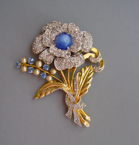 BLUE moonglow cabochon centered flower brooch