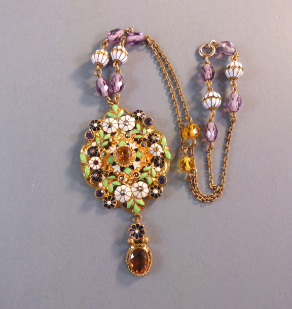 AUSTRIA enameled pendant with enameling, marcasites, beads