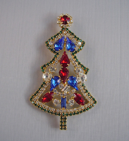 CHRISTMAS tree brooch in red, clear,