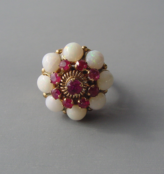 PRINCESS 14k, opals and rubies Princess ring