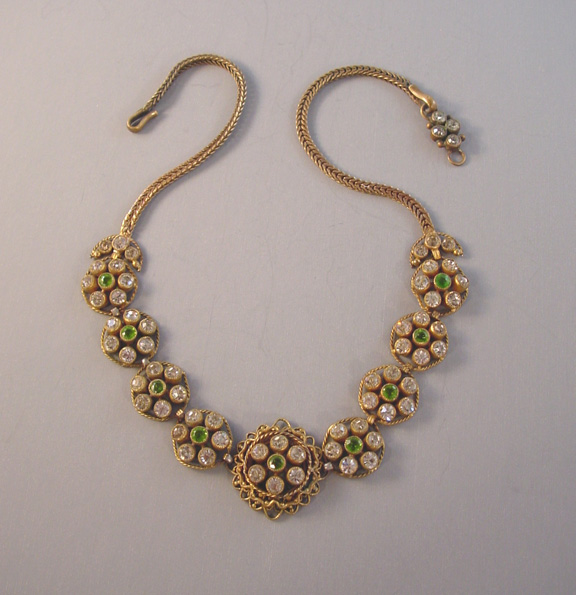SANDOR green and clear rhinestones necklace 1940s