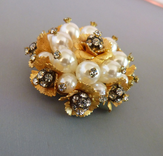 Schiaparelli Artificial Pearls Clear Rhinestone Cluster Brooch - $198. 