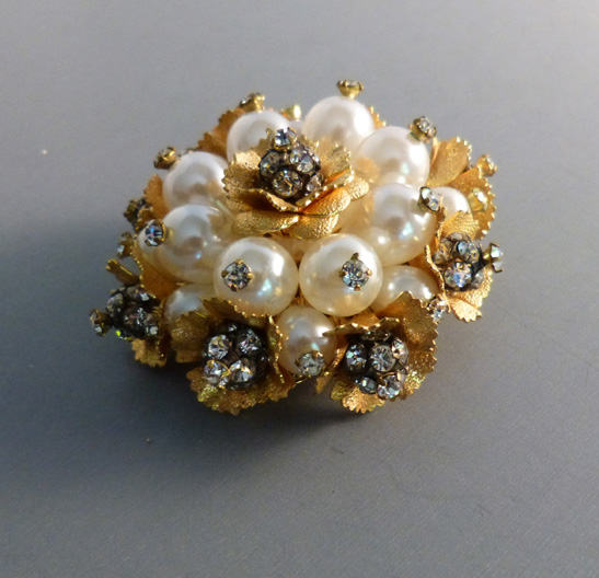 SCHIAPARELLI artificial pearls clear rhinestone cluster brooch - $198. ...