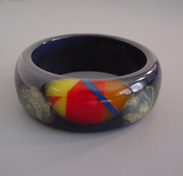 SHULTZ bakelite slate gray bangle with multi-colored dots