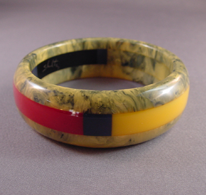 SHULTZ bakelite three row laminated gray marbled bangle