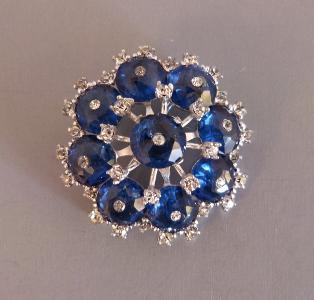 DEROSA brooch with blue round faceted glass beads