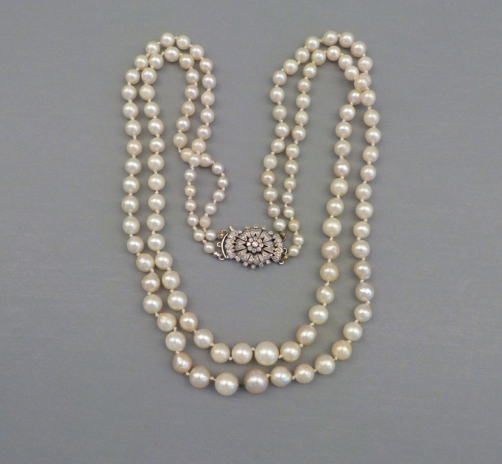 PEARL, diamonds and sterling necklace with a double strand