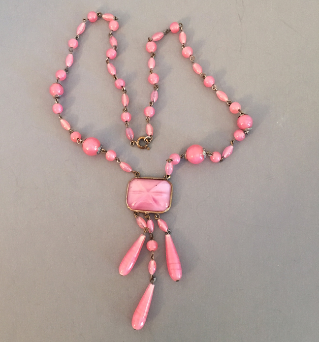 PINK satin glass necklace with a starburst center