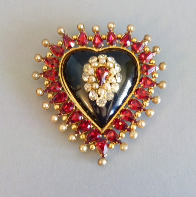 FASHIONCRAFT by Robert heart brooch of black glass, red and topaz