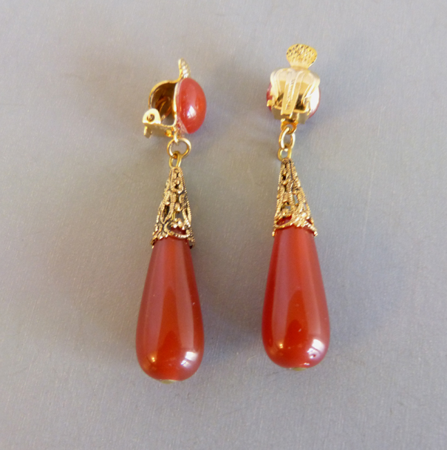 WEST GERMANY carnelian colored glass drop earrings