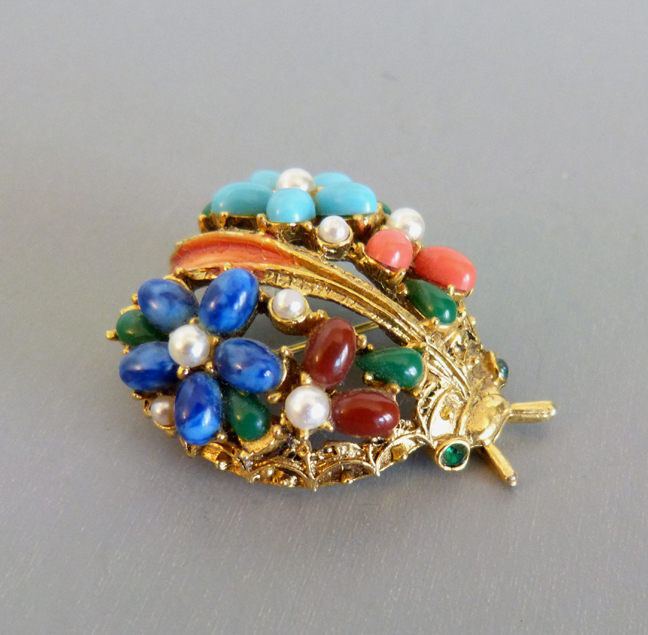 INSECT pin with colorful glass cabochons and glass pearls