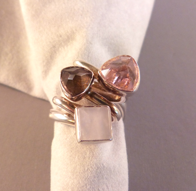LILLY Barrack ring with a pink CZ, smoky quartz and white quartz - $130