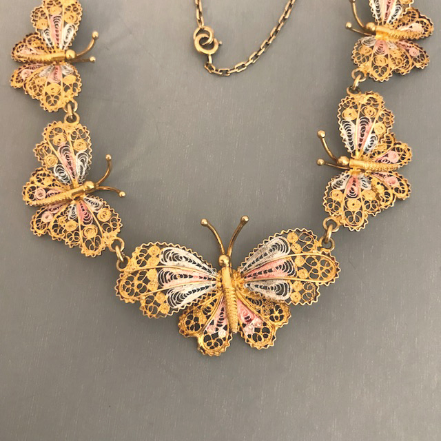 FILIGREE butterflies necklace in gold washed 800 silver, pastel accents