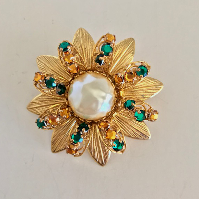 MIRIAM HASKELL glass pearls starburst brooch, yellow & green rhinestones