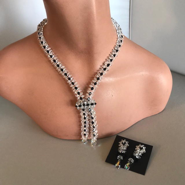 ZIPPER Venetian cut glass clear & black crystals necklace & pendant earrings