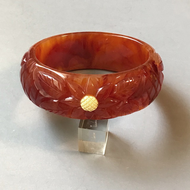 BRANDON WELCH bakelite bangle in chunky marbled cherry custard color artisan hand carved flower and leaf