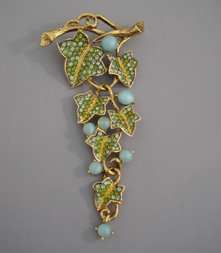 CAROLEE 2005 Limited Edition long dangling jointed leaf brooch, aqua glass cabochons