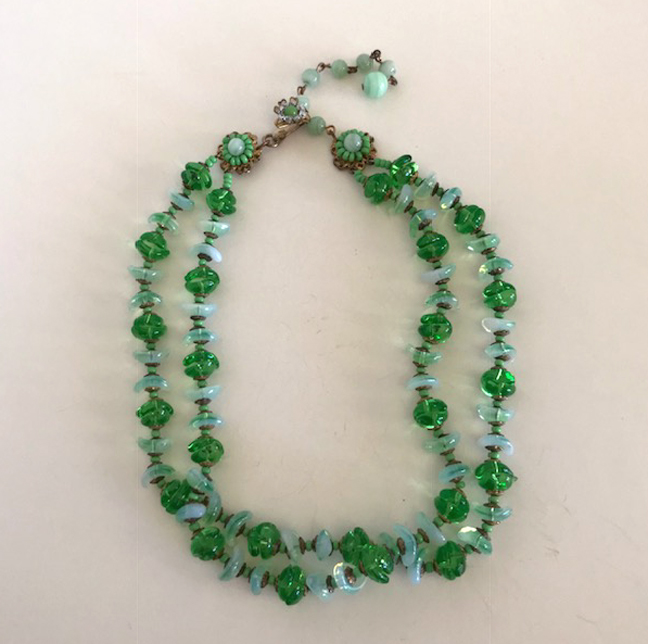 MIRIAM HASKELL pastel and medium green glass beads two strand necklace