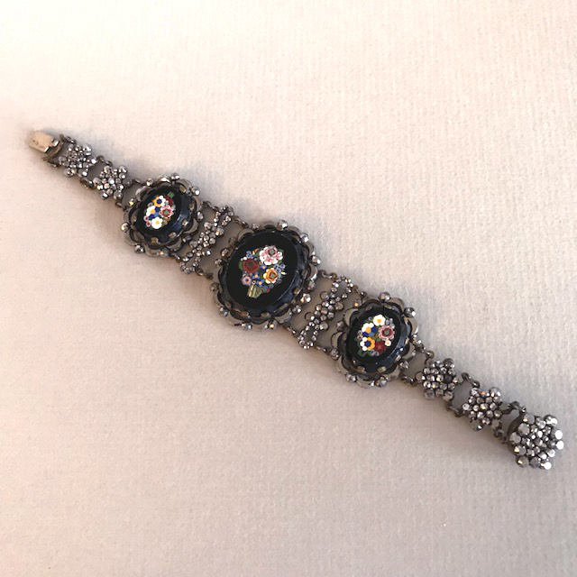 VICTORIAN cut steel bracelet with mosaic flower bouquet panels