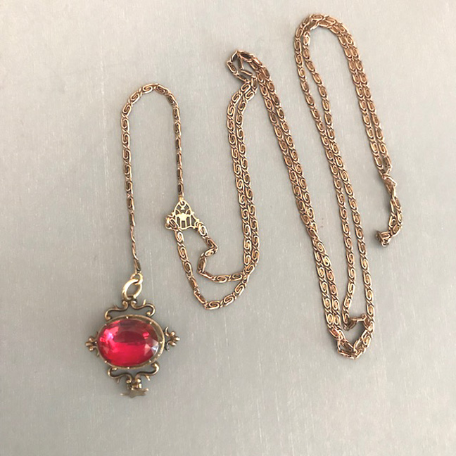 VICTORIAN gold filled long chain necklace with a deep rose colored stone