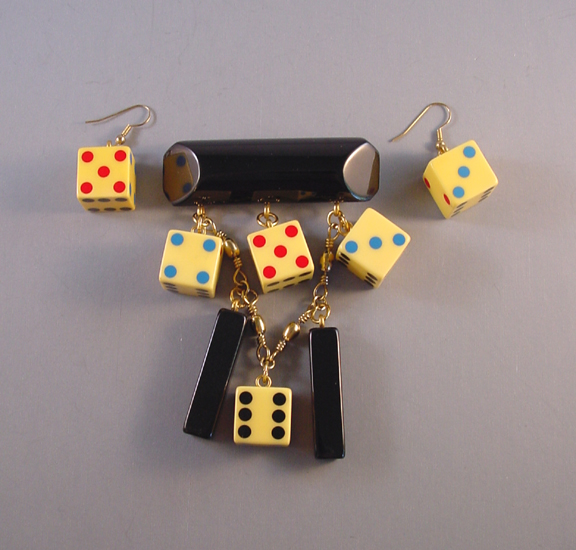 SHULTZ bakelite colorful dice and black rods brooch and earrings set