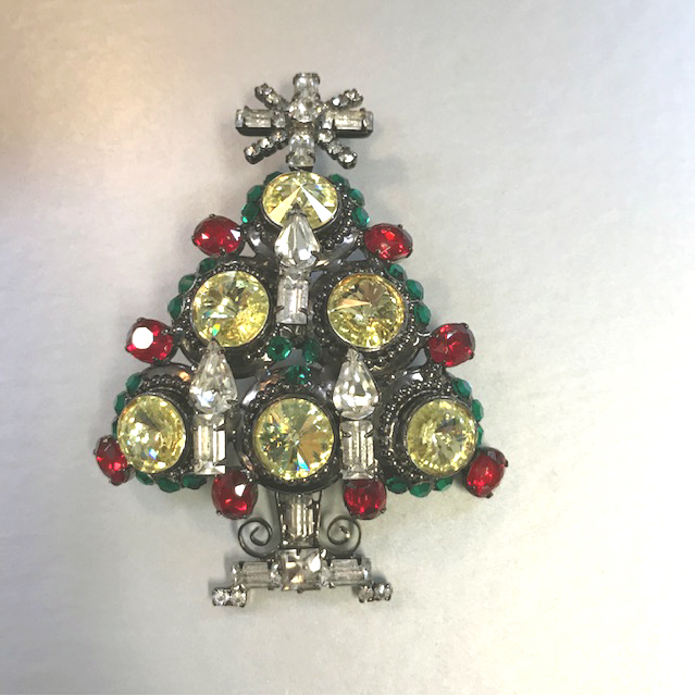 VRBA holiday Christmas tree brooch with green, red, yellow and clear rhinestones