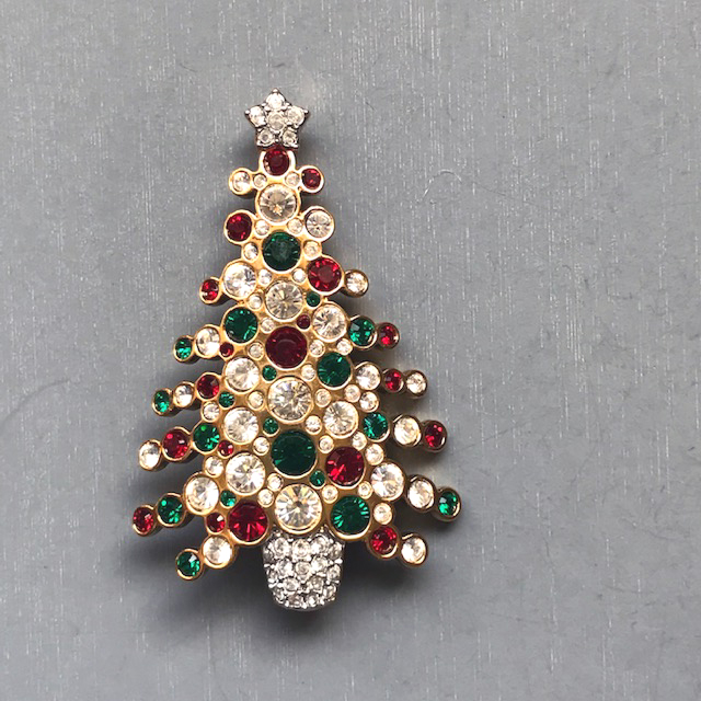 SWAROVSKI Christmas tree brooch of clear, red and green