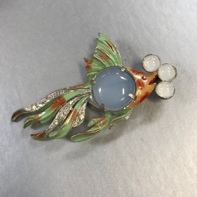 FISH blowing bubbles brooch with blue and white cabochons, green and caramel enameling