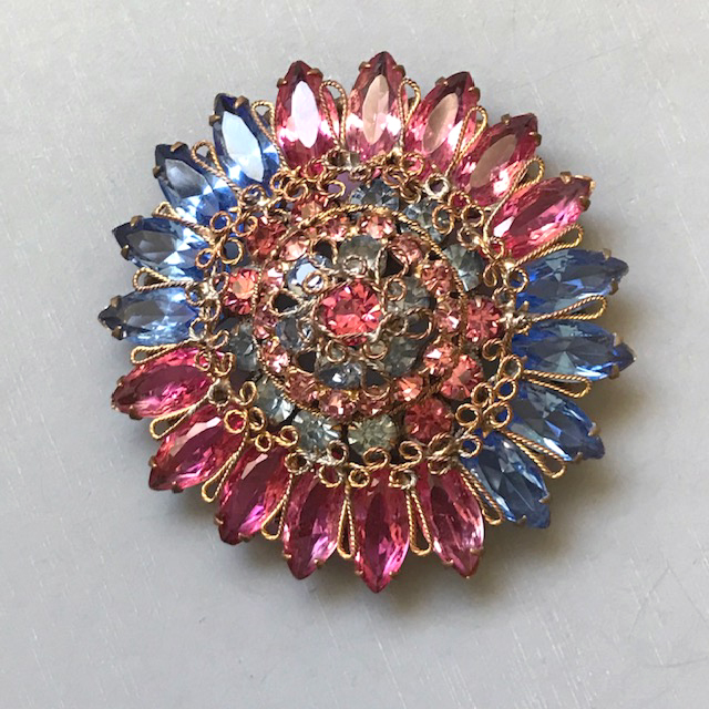 ORIGINAL by ROBERT pink and blue rhinestones brooch with a flip-up loop on the back