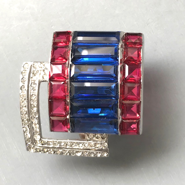 DEROSA patriotic WWII era red, clear and blue rhinestones dress clip