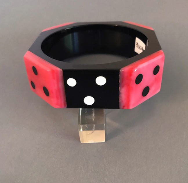 SHULTZ bakelite black octagonal bangle with pink edges and black and cream domino dots