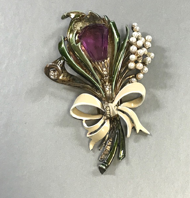 DEROSA sterling flower bouquet and bow fur clip with a lovely purple rhinestone center, enameled green leaves