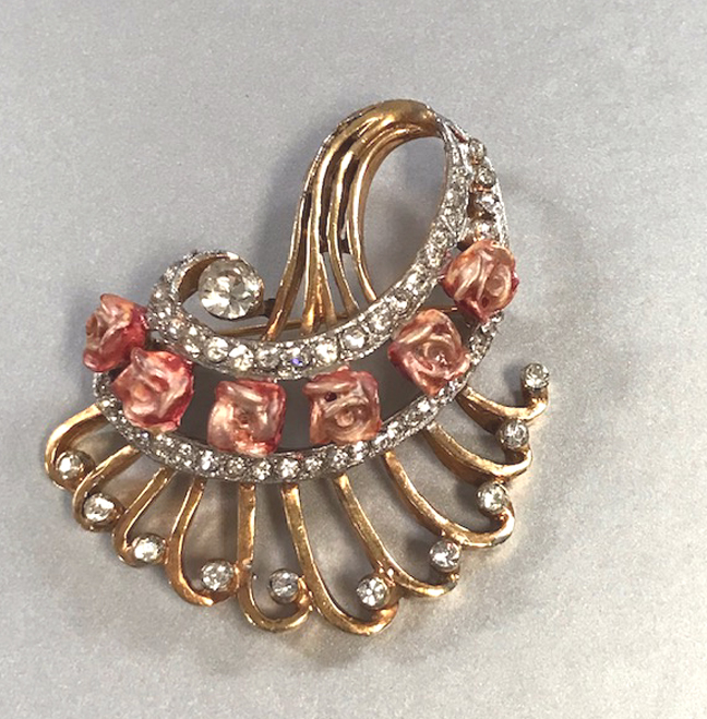 DEROSA brooch with enameled salmon pink roses accented with clear rhinestones