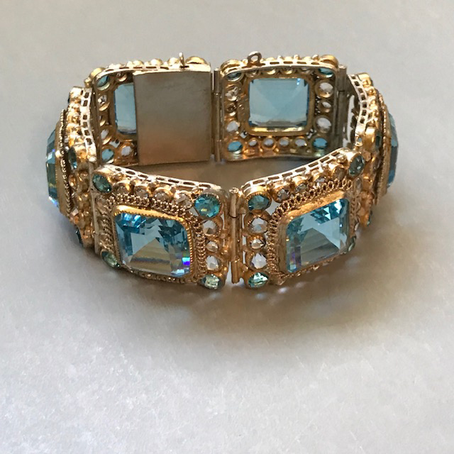 HOBE brilliant aqua and clear rhinestones bracelet with square center stones