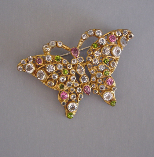 HOBE butterfly brooch with unfoiled pink, clear and citrine green rhinestones set in gold tone filigree