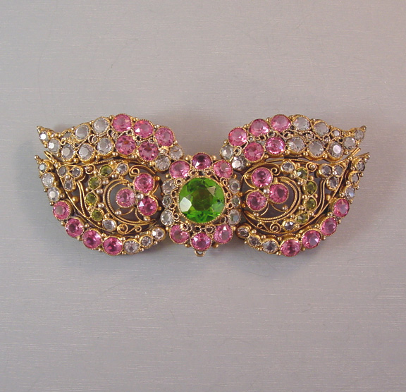 HOBE brooch of unfoiled pink, clear and citrine green rhinestones all set in sterling gilt hand made wirework