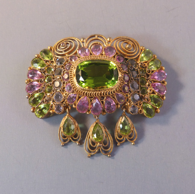 HOBE brooch in citrine green, clear and pink unfoiled rhinestones with three pendant dangles, set in handmade sterling with yellow gold wash