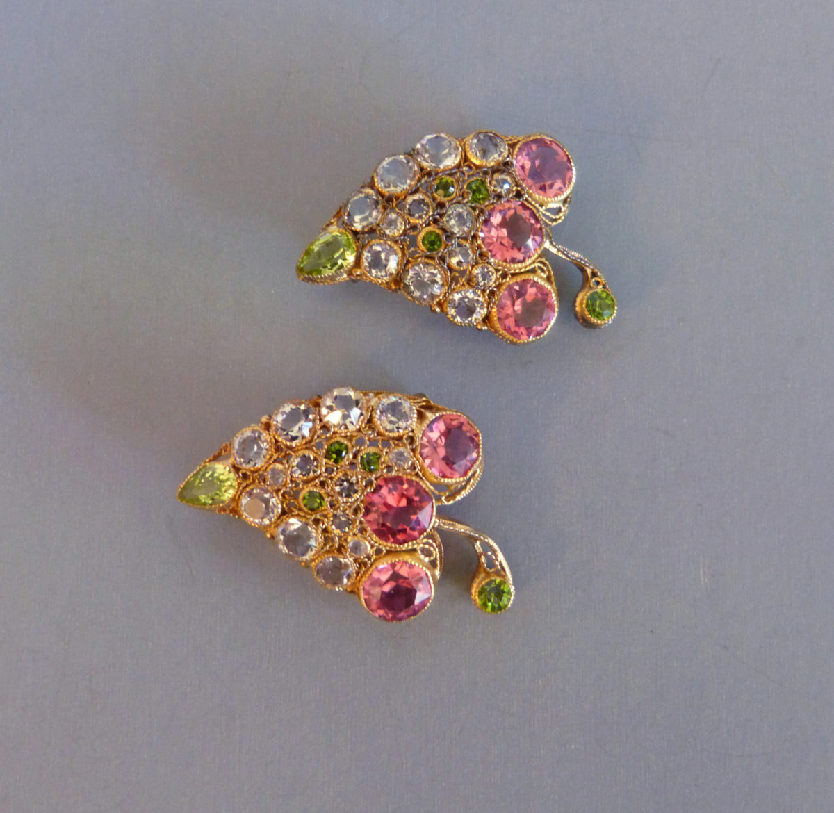 HOBE set of 2 leaf pins in pink, green and clear unfoiled rhinestones set in gold washed sterling handmade wire work filigree