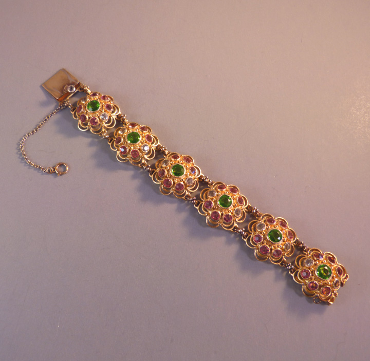 HOBE pink and citrine green rhinestones bracelet with unfoiled stones set in hand made gold washed sterling wire work