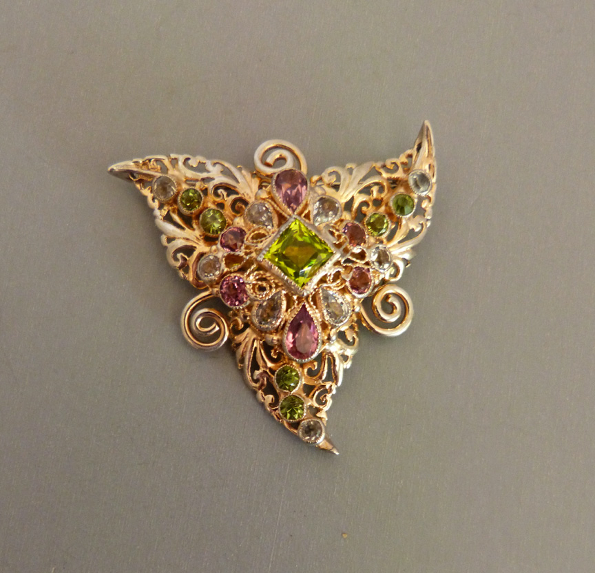 HOBE citrine green and pink unfoiled rhinestones brooch set in gold washed sterling