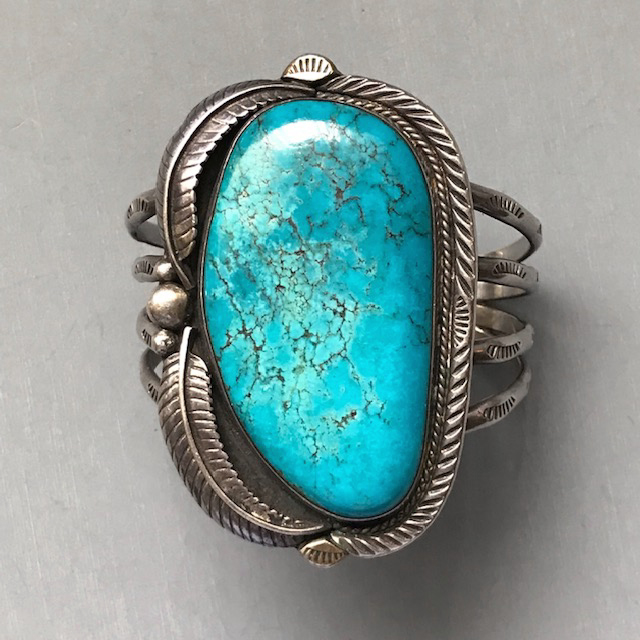 DG Native American turquoise and sterling bracelet with leaves, Turquoise Mountain