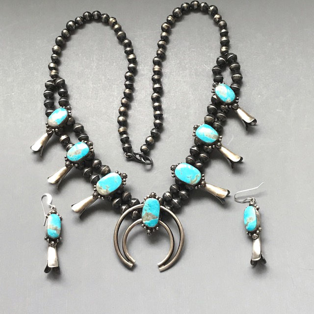 Tatum SKEETS Navajo Native American sterling and turquoise squash blossom necklace and earrings