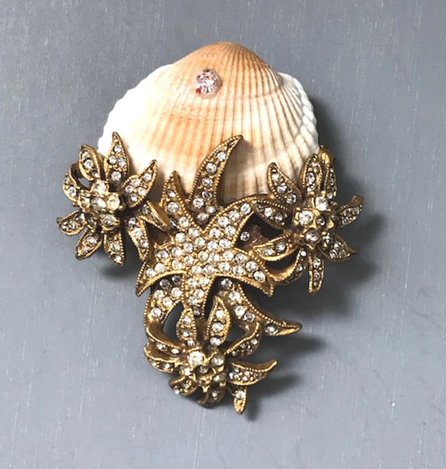 DENICOLA genuine seashell brooch with clear rhinestones set in gold tone