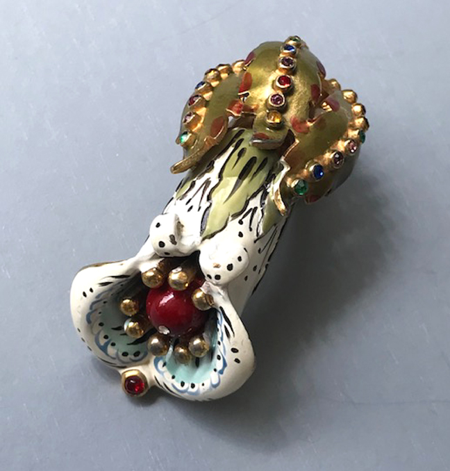 DEROSA white enamel fantasy flower bud fur clip with absolutely amazing colorful and detailed enamel work