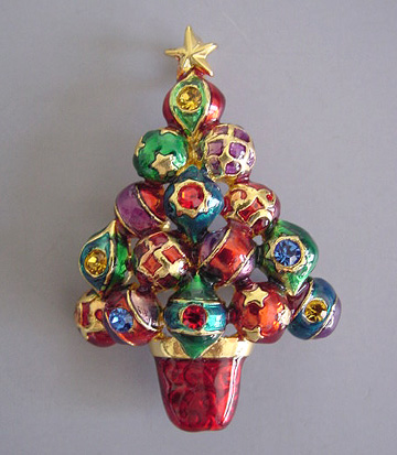 RADKO Christmas tree brooch with colorfully detailed enameled ornaments in gem tone colors